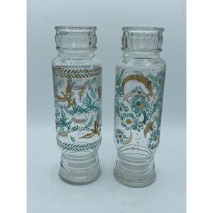 Jeannette Apothecary Glass Jar 9 1/4" MCM‎ Aqua Blue & Gold Birds 1960's  (2)